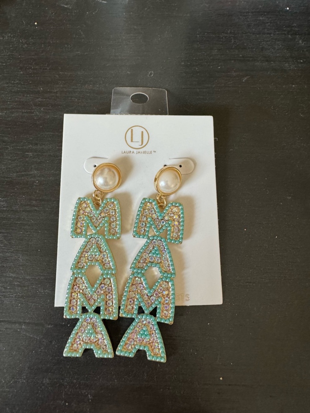 NWT Laura Janelle Blue Crystal 'MAMA' Drop Earrings